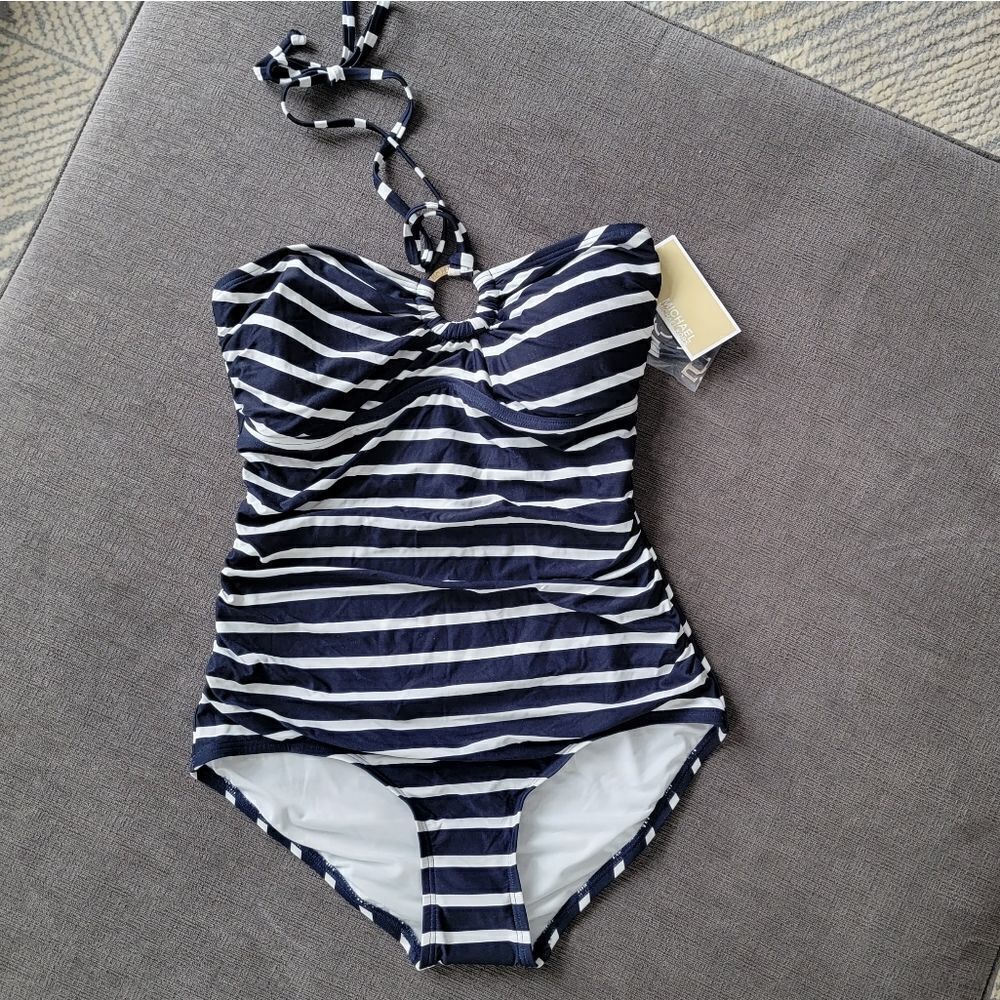 Michael Kors Logo Charm one piece bathing swimsuit Navy and white blue s…